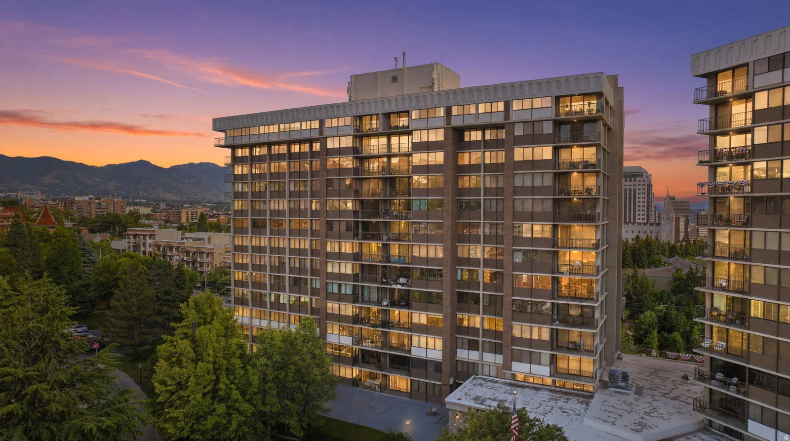 Evening view of exterior.