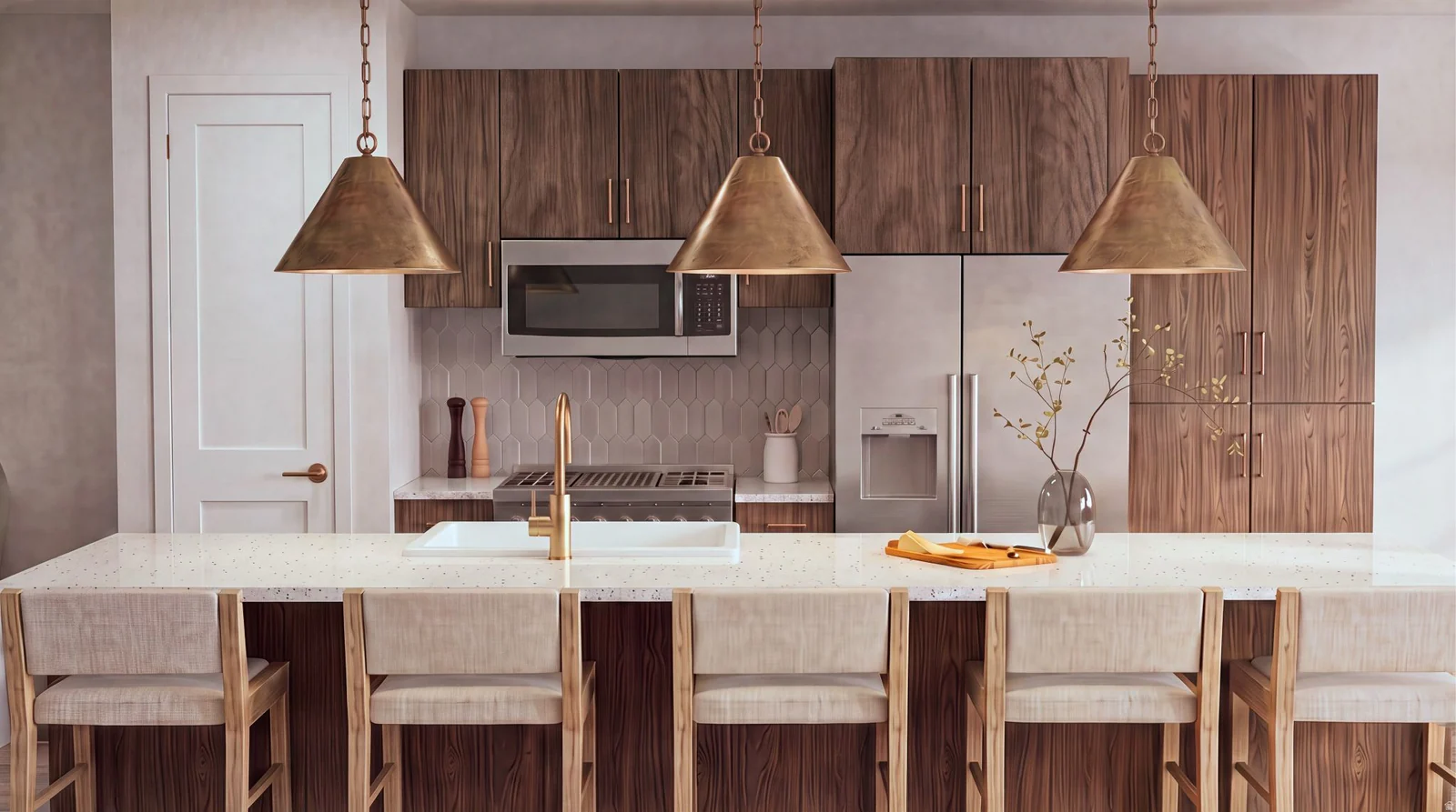 Kitchen island with light-toned countertop and integrated sink