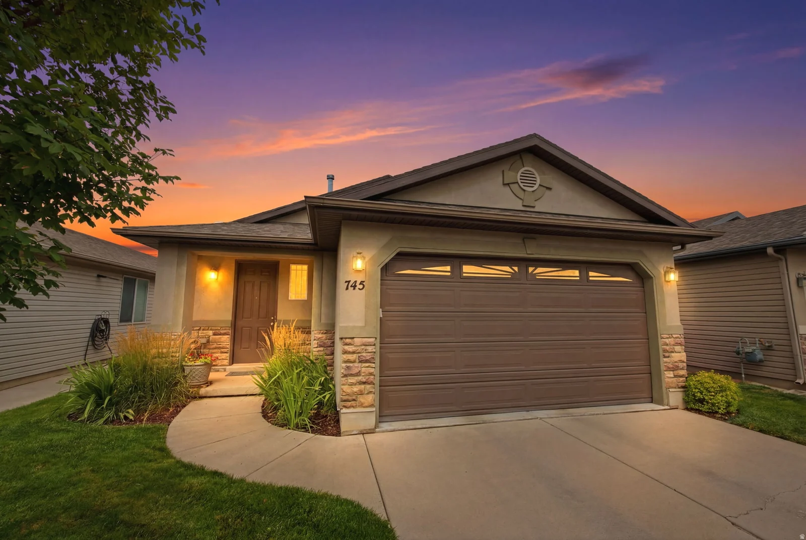 Single-story exterior with a two-car garage