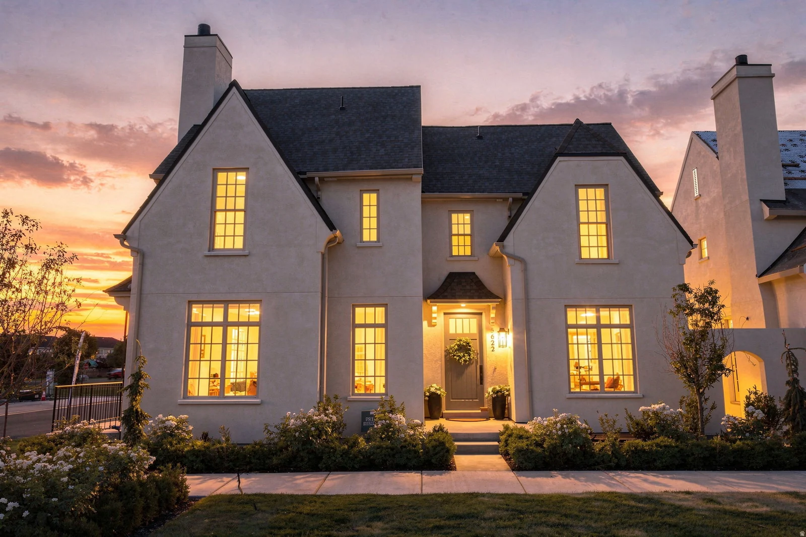 Stucco exterior with multiple gables and a dark shingle roof